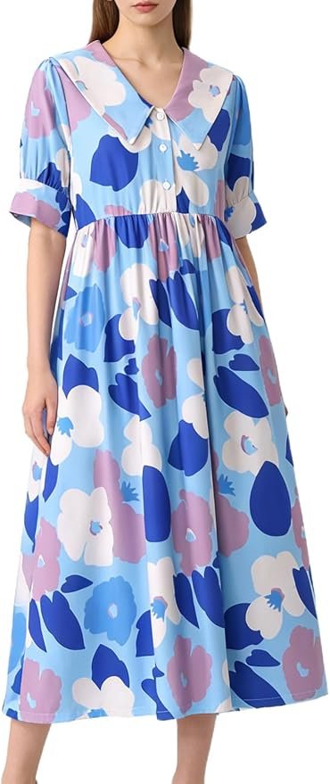 I wore Shorts; the day developed a personality — Keomud Summer Dresses for Women Floral Maxi Dress V Neck Puff Short Sleeve Dress Loose Beach Vacation Clothes