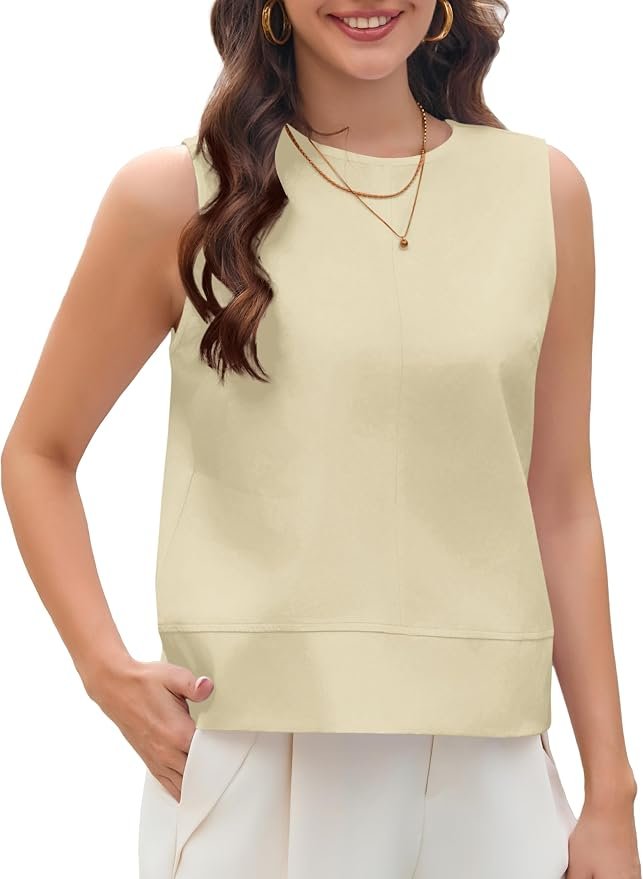 Tank Top under the golden-hour sky — Makabo Women's Linen Tank Tops Crew Neck Vest Top Office Work Sleeveless Blouses