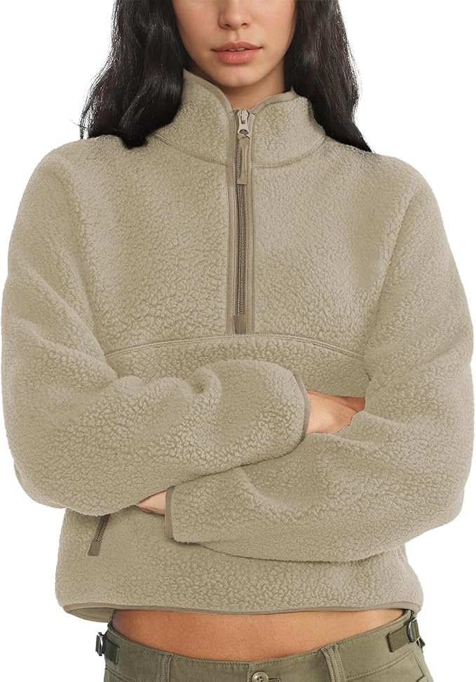 Cropped Sweatshirt made a regular day look interesting — Keeliya Womens Fleece Sweatshirts Cropped Half Zip Fuzzy Warm Sherpa Pullover Varsity Jackets with Zipper Pockets