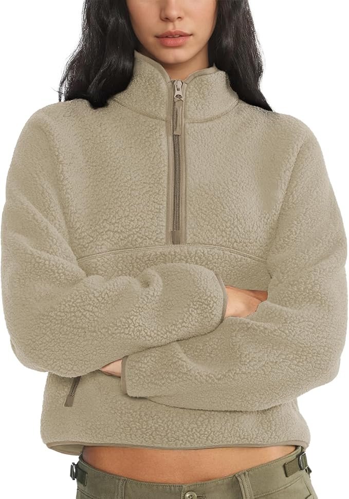 Cropped Sweatshirt changed the energy of this look — Keeliya Womens Fleece Sweatshirts Cropped Half Zip Fuzzy Warm Sherpa Pullover Varsity Jackets with Zipper Pockets