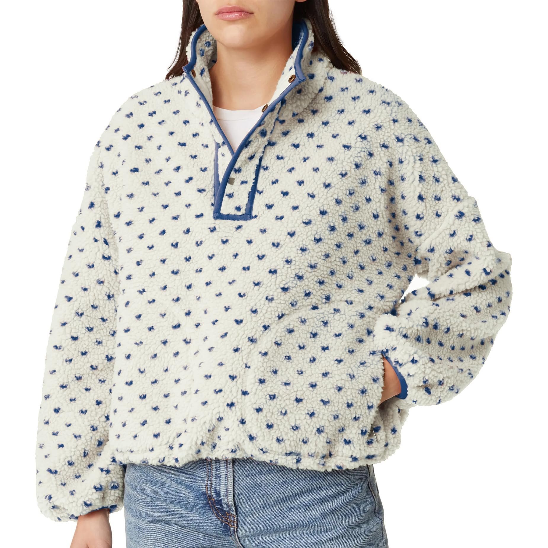 Building today's look from Sweatshirt outward — Yioaga Fuzzy Fleece Jacket Women Long Sleeve Half Button Down Tops Casual Sherpa Pullover Sweatshirt Warm Winter Outerwear