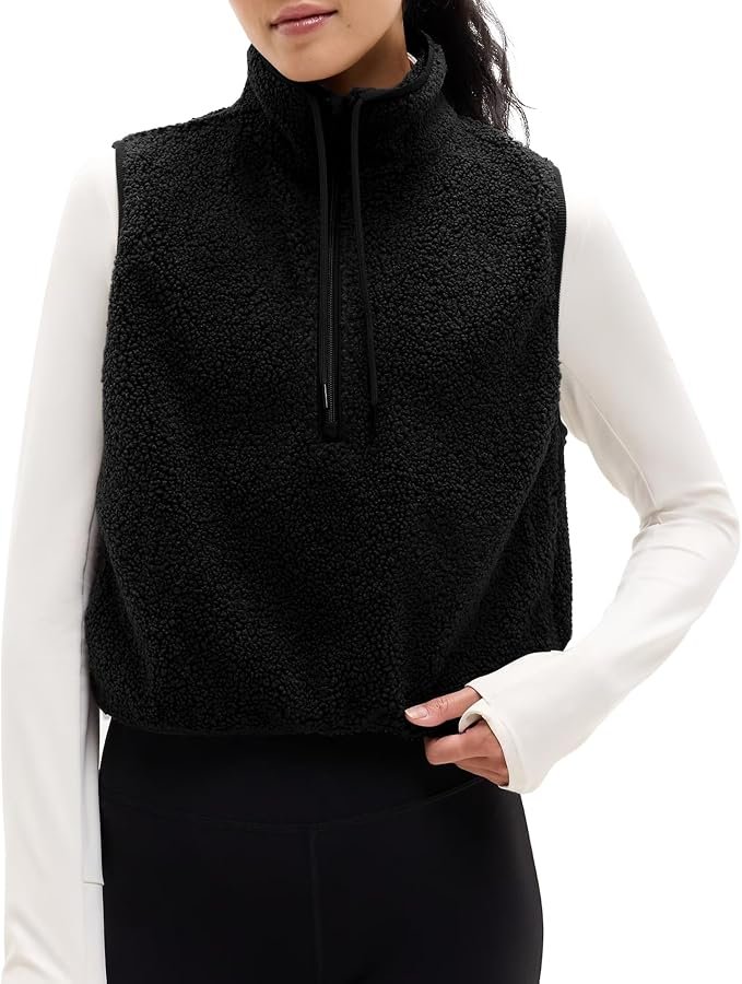 A spotted skirt and its fuzzy chaperone — Songling Womens Fuzzy Fleece Vest High Neck Cropped Half Zip Up Warm Sherpa Vest Drawstring Pullover with Pockets