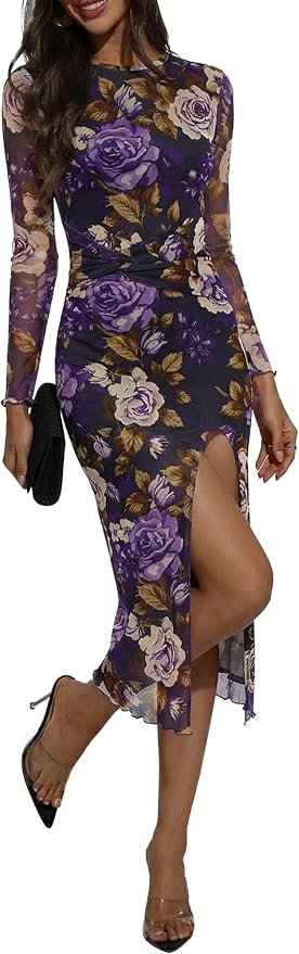 Dress is sew ready — Makabo Wedding Guest Mesh Bodycon Dress for Women Formal Cocktail Long Sleeve Floral Midi Dress for Party Going Out