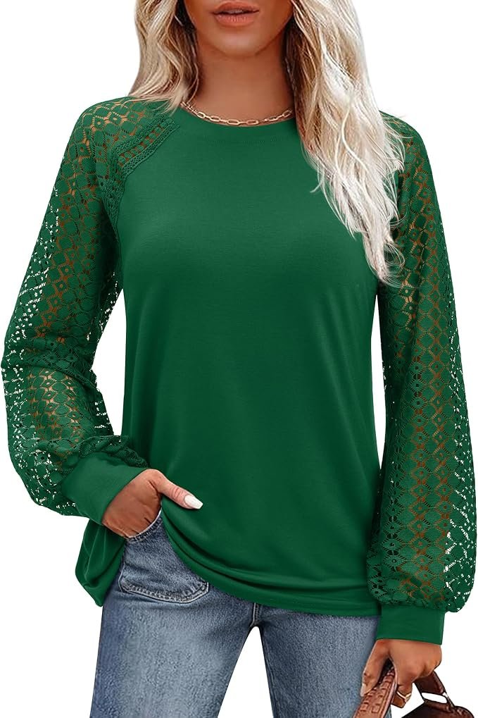 Blouse have me hemming and hawing — Uhiger Womens Long Sleeve Tops Fashion Cute Lace Blouses Business Casual Crew Neck Shirts 2026 Trendy Work Outfits
