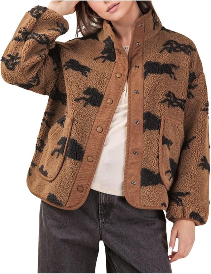 The golden-hour outfit that began with Jacket — Joiemont Womens Western Horse Printed Fleece Jacket Button Teddy Jacket Sherpa Fluffy Jacket Outwear