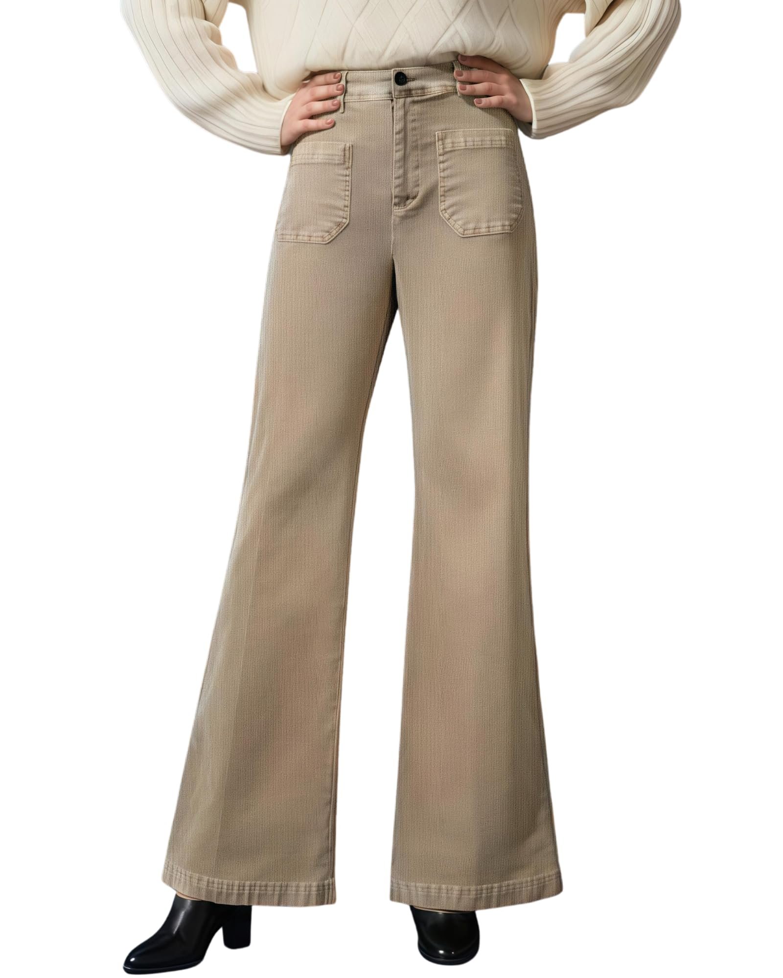 Seams like Boat-Neck Shirt won today — OctMoon Women's Corduroy Pants Straight Leg Casual Trousers 97% Cotton Stretch Pantalones de Pana with Pockets & Button