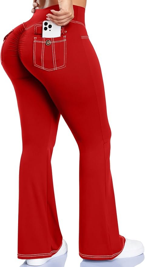 Blazer brought its own sunshine — Seasum Workout Butt Lifting Flare Leggings with Pockets for Women Scrunch Cargo Gym Casual Denim-Look Yoga Pants