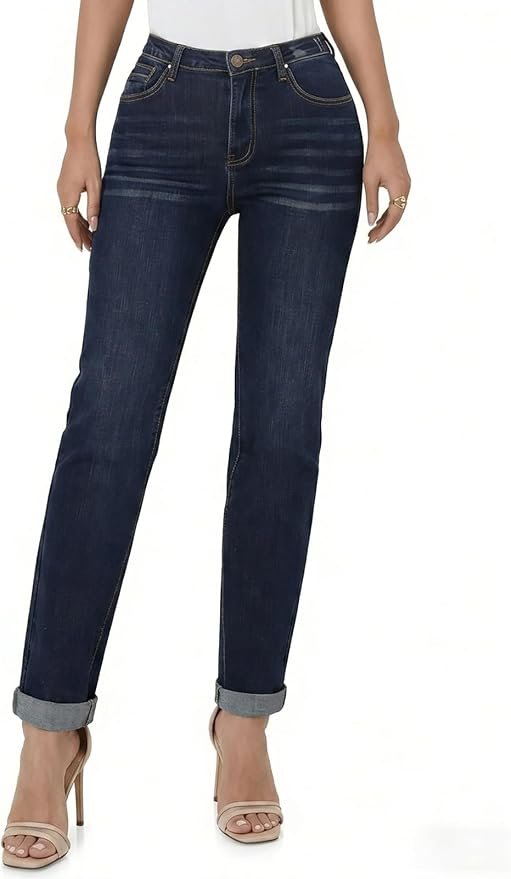 Two cuffs, zero regrets — Aimnews Womens High Waisted Straight Jeans,Dark Wash Rolled Cuff,Slimming Premium Stretch Denim,Size XS to XXL with Pockets