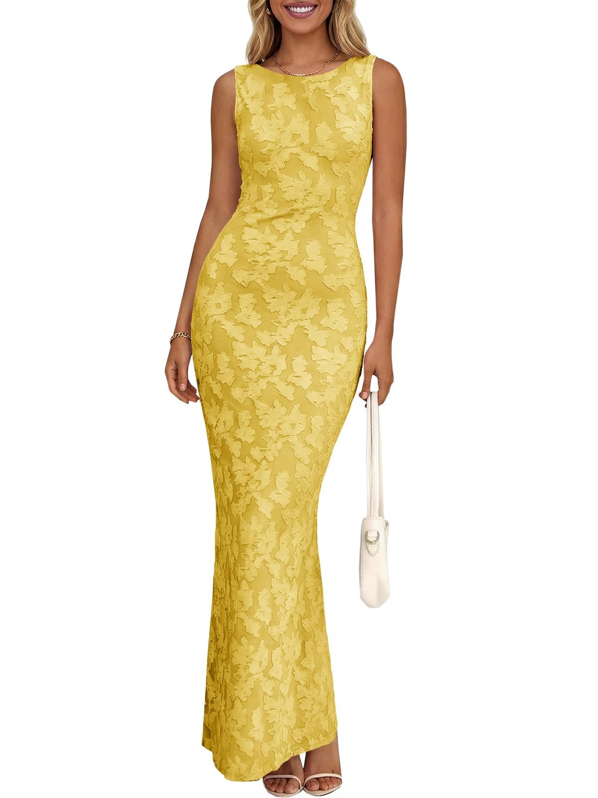 The plants didn't ask, but the dress showed off anyway — Wenrine Womens Maxi Bodycon Dress Floral Sleeveless Long Cocktail Dresses