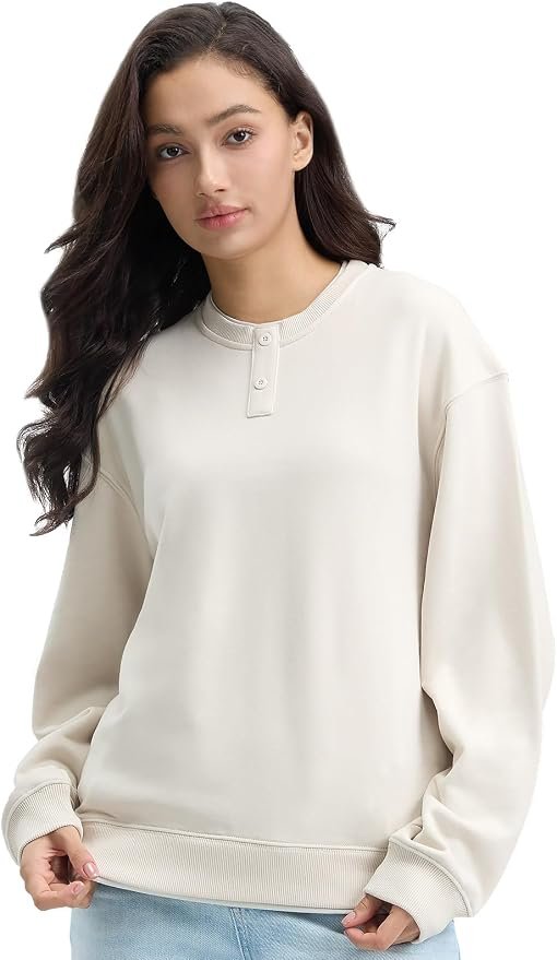 Three buttons walked into golden hour — Mega Tshop Henley Layered Sweatshirt Midweight French Terry 10.6 oz. Cotton Blend Crewneck Pullover for Men Women Unisex