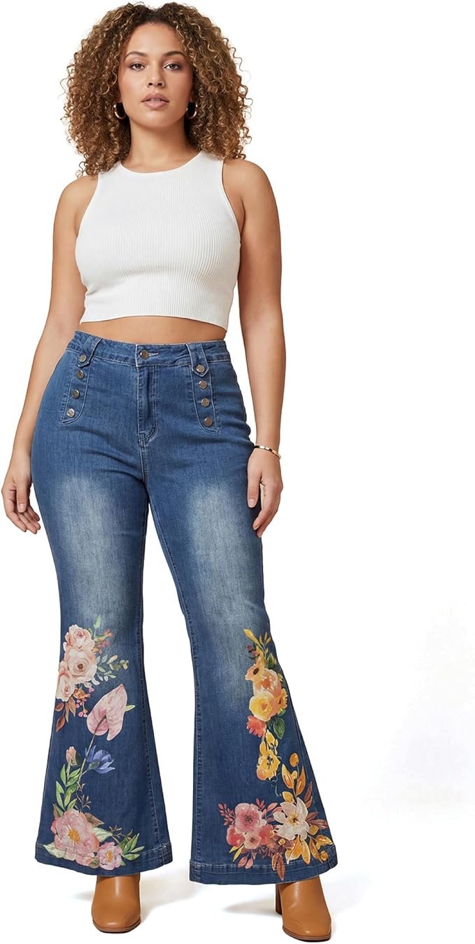 One errand, full fit check: Tank Top — Btuigkv Women's Floral Print Wide Flared Leg Cropped Jeans