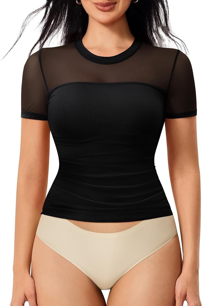 Partly cloudy, fully styled in Cropped Shorts — Nebility Womens Mesh Sheer Tops Short Sleeve Tee Crewneck Crop Top Going Out Date Outfits Fashion Clothes 2026