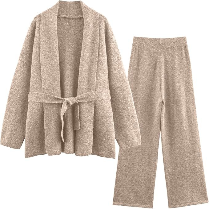 Wide-Leg Cardigan: proof I can dress and tell a joke — Cufezn Women's 2 Piece Outfit Long Sleeve Belted Knit Cardigan Sweaters Elastic Waist Wide Leg Pants Casual Matching Set
