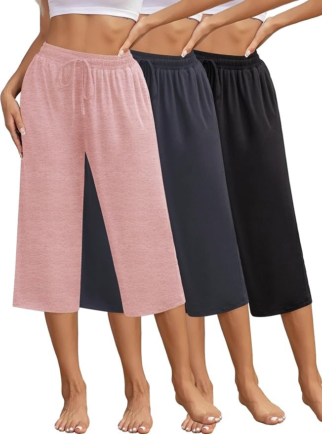 Wind advisory: Shirt may steal the scene — Spshodow 3 Pack Women's Capri Pants Wide Leg Cropped Lounge Pants with Drawstring & Pockets Casual Workout Yoga Joggers
