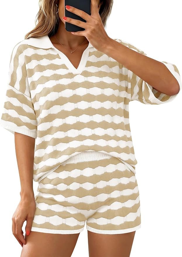 Shorts is carrying this outfit — Yousify Womens Summer 2 Piece Sweater Sets Striped Knit Short Sleeve Collared V Neck Tops and Shorts Lounge Matching Set