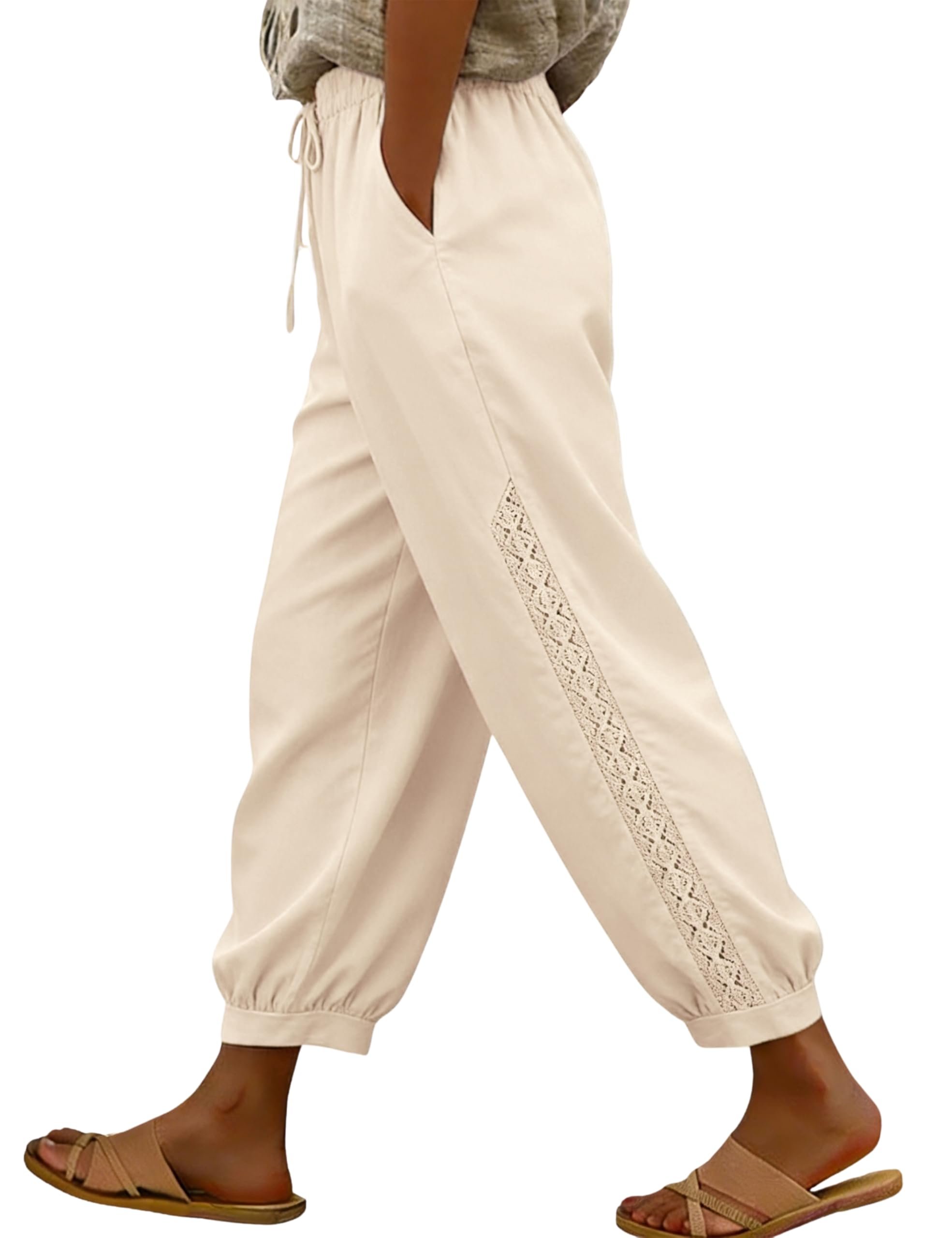 Building today's look from Cropped T-Shirt outward — Himosyber Women's Casual Pants Drawstring Elastic Waist Lace Side Lightweight Pants 2026 Summer Beach Vacation Trousers