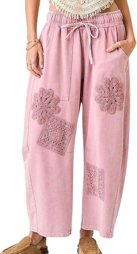 Cropped T-Shirt brought its own sunshine — Yinawsky Womens Baggy Wide Leg Pants Casual Elastic Waisted Harem Pants Loose Fit Lace Patch Sweatpants