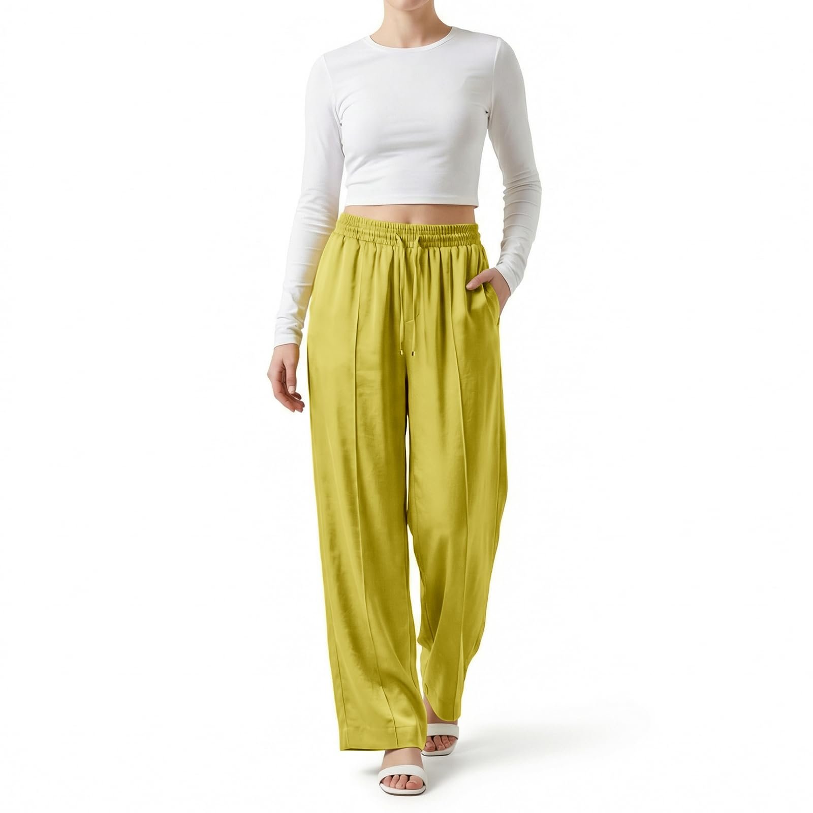 I wore Cropped Jacket; the day developed a personality — OctMoon Women's Drawstring Palazzo Pants, High Waisted Flowy Pants for Women, Lightweight Tie Waist Trousers