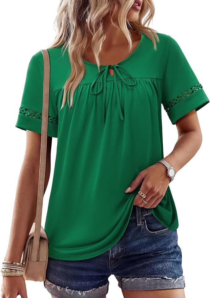 Styling Shorts for a morning look — Uhiger Womens Short Sleeve Tops Summer Boho Blouses Drawstring Pleated Shirts Dressy Casual Tie Front Beach Vacation Clothes