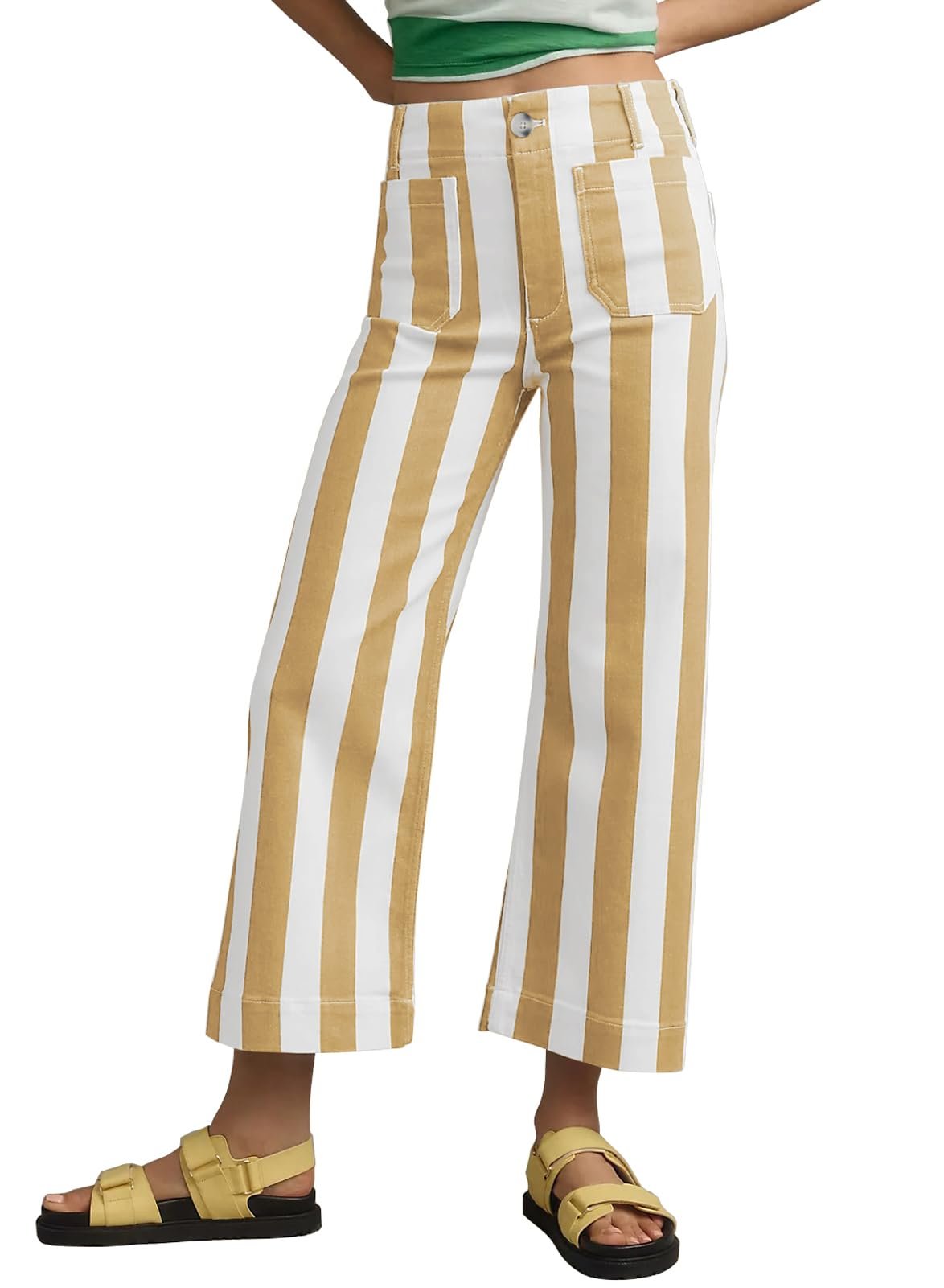 Turtleneck up, stripes down, noon approved — Miduo Womens Fashion Buttoned Cropped Striped Straight Leg Pants High Waist Casual Capris Pants with Pockets