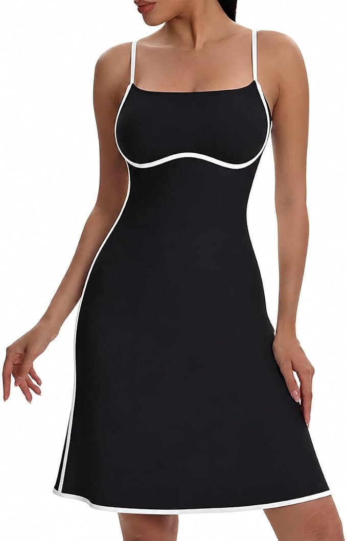 Shorts is doing the most, politely — Vipark Womens Tennis Dress Black & White A-Line Athletic Dress with Built-in Shorts, Removable Padding & Side Pocket