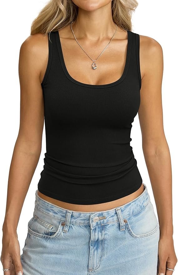 No notes, just Scoop-Neck Tank Top — Eachyes Womens Ribbed Scoop Neck Tank Tops Sleeveless Shirts Summer Basic