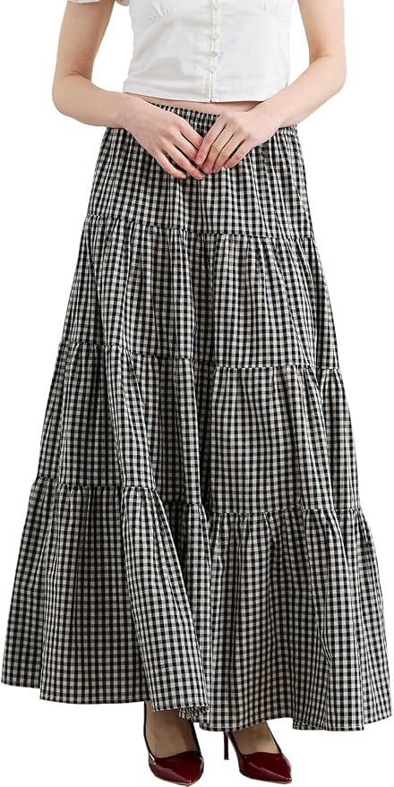 Top changed the energy of this look — Beauzsuzsana Women's 100% Cotton Vintage Plaid Maxi Skirt Tiered Ruffle A-Line Flowy Swing Long Skirt with Side Pockets