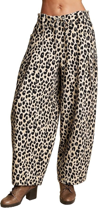T-Shirt under the midday sky — Cufezn Womens Leopard Balloon Pant Pleated Baggy Wide Leg Barrel Pants