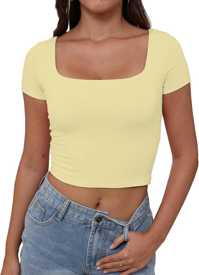 A fitting joke about Double-Lined Cropped Square-Neck Top — Dwnval Womens Sexy Square Neck Double Lined Casual Crop Top