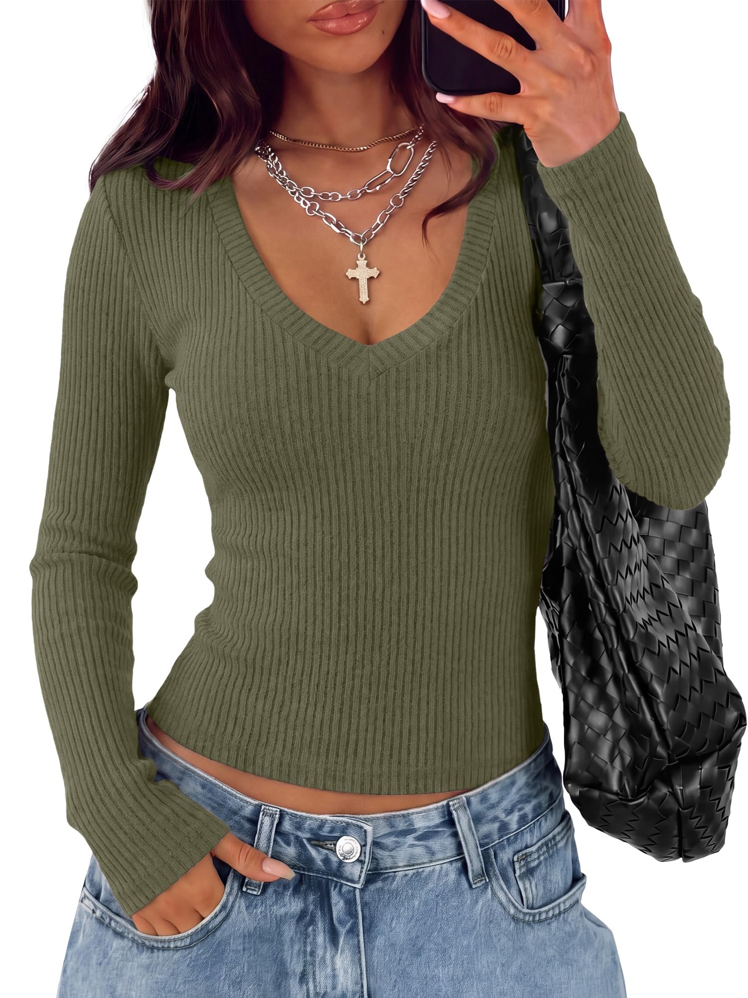 Seams like Shirt won today — Kirundo Fall Tops for Women 2026 V Neck Ribbed Knit Long Sleeve Shirts