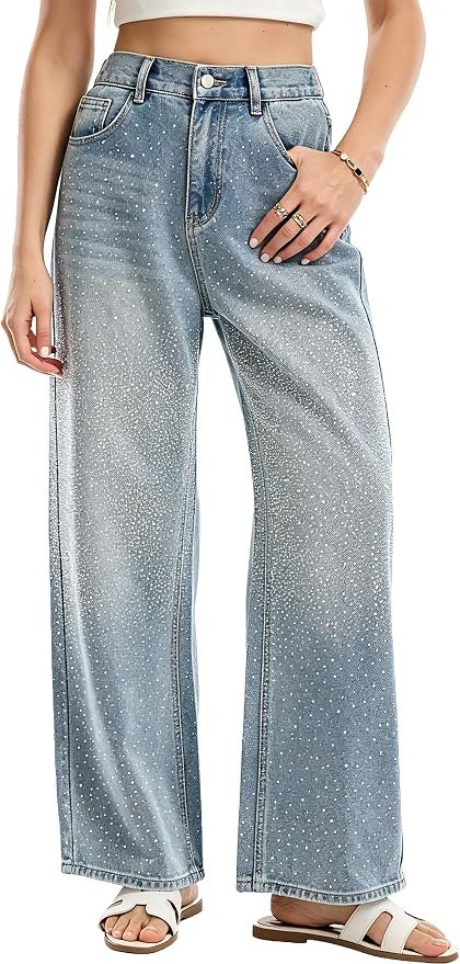 No notes, just Jacket — Daoao Pearl Jeans Sparkly Rhinestone Embellished Wide Straight Leg Casual Pants