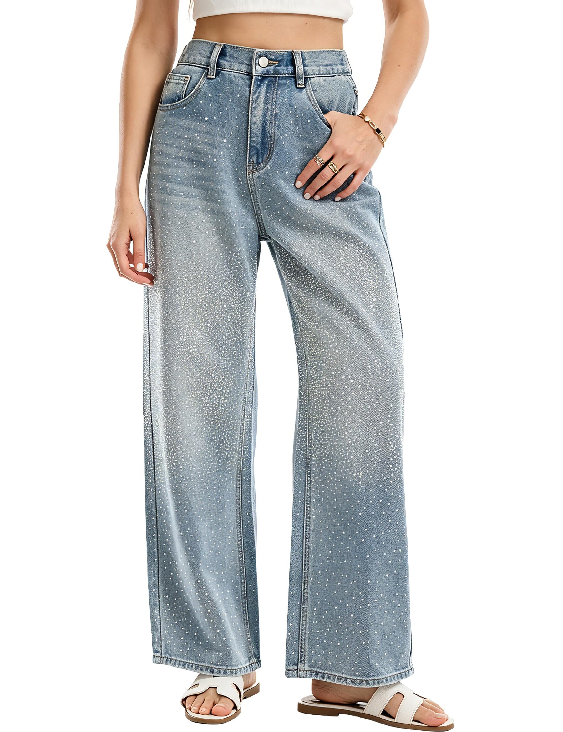 The schedule said casual; Jacket heard camera-ready — Daoao Pearl Jeans Sparkly Rhinestone Embellished Wide Straight Leg Casual Pants