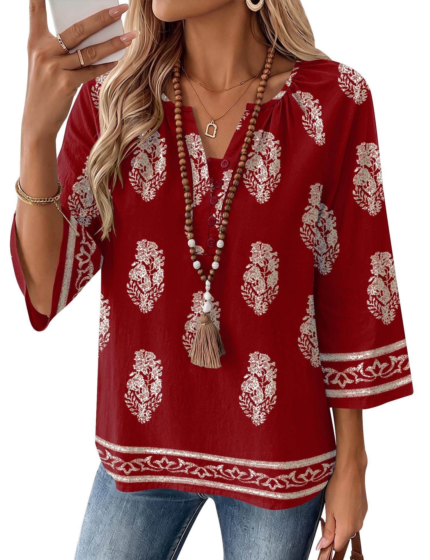 No notes, just Dress — Akewei Womens 3/4 Sleeve Tops V Neck Linen Blouse Button Down Shirts for Women Dressy Casual 2026