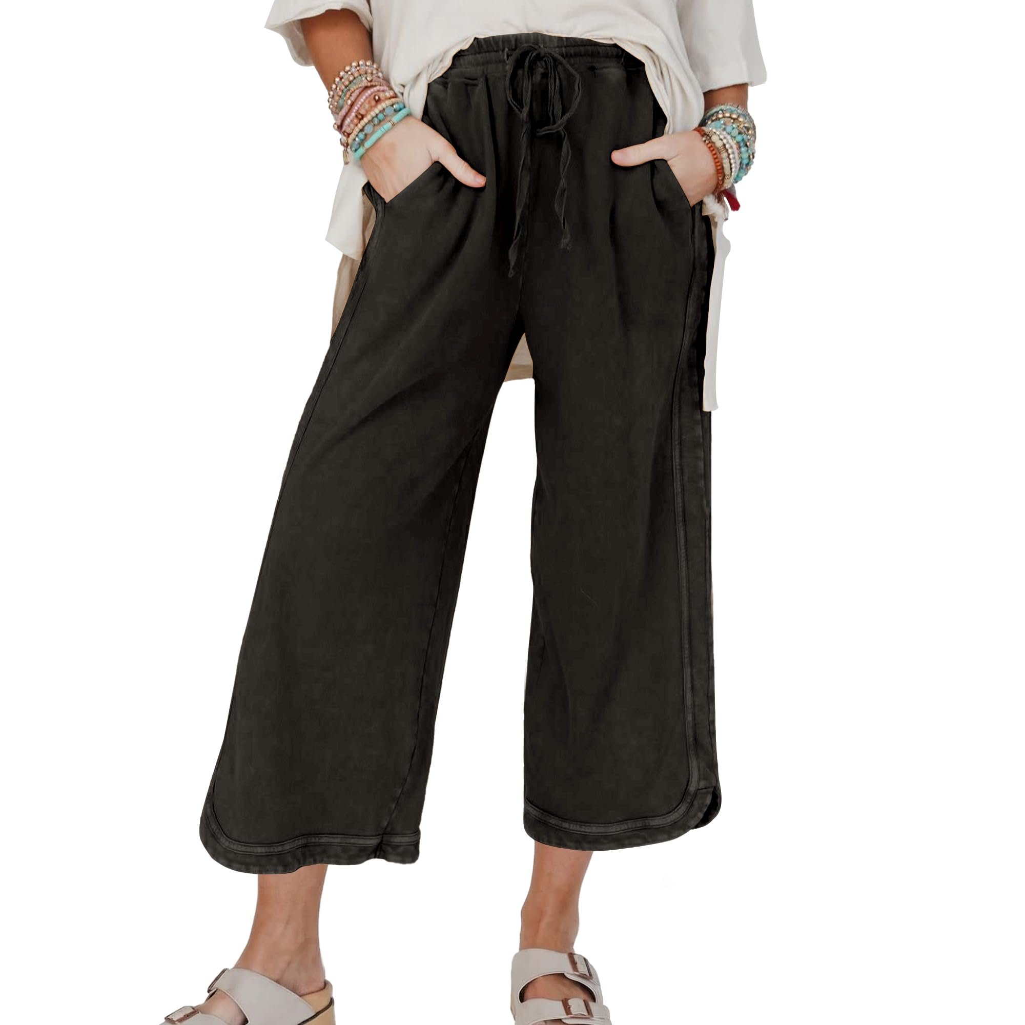 Cropped below, collared energy above — Hixiaohe Cropped Sweatpants Women Acid Wash Baggy Lounge Wide Leg Pants