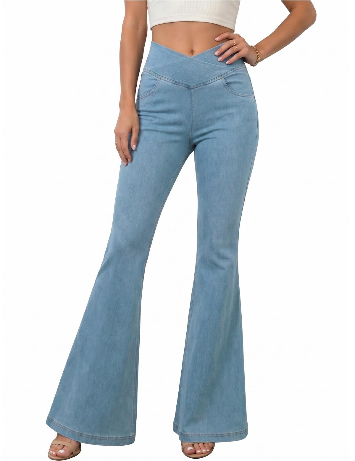 The plant studio at midnight, one button undone — Ystguic Women Flare Jeans Elastic Waist Bootcut Denim Pants with Pockets