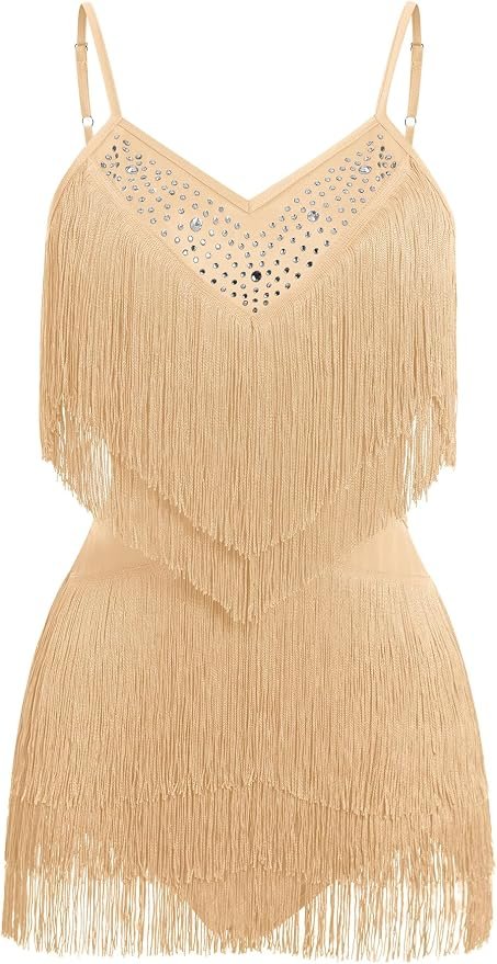 Sun out, Dress on — Odizli Women's Fringe Rhinestone Latin Dance Dress Leotard- Adjustable Spaghetti Straps V Neck Tie Back Salsa Ballroom Dance