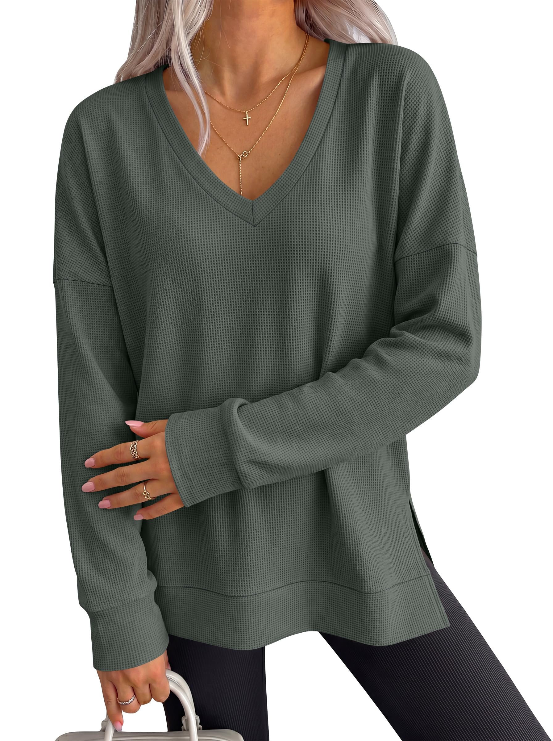 Partly cloudy, fully styled in Shirt — Anrabess Women’s Long Sleeve Shirts Waffle Knit Tunic Top