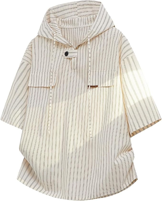 The plant studio at midnight, one button undone — Gurunvani Men's Vertical Striped Hooded T Shirt with Drawstring Unisex One Button Henley Tee Top