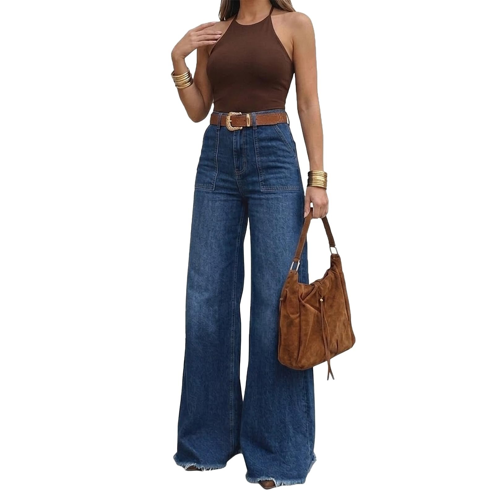 The outlook is bright for Top — Tenfinordi Women's 70s Retro High Waisted Long Inseam Wide Leg Jeans