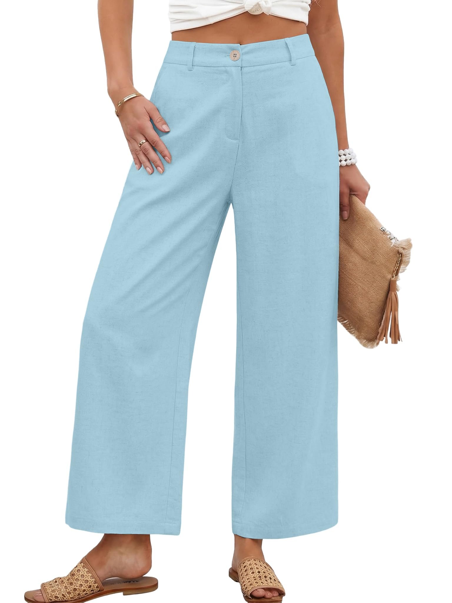 The weather changed; Sweatshirt stayed ready — Kiczoy Womens Linen Wide Leg Pants Casual Zipper Front Summer Cropped Trousers Dressy Pants with Pockets