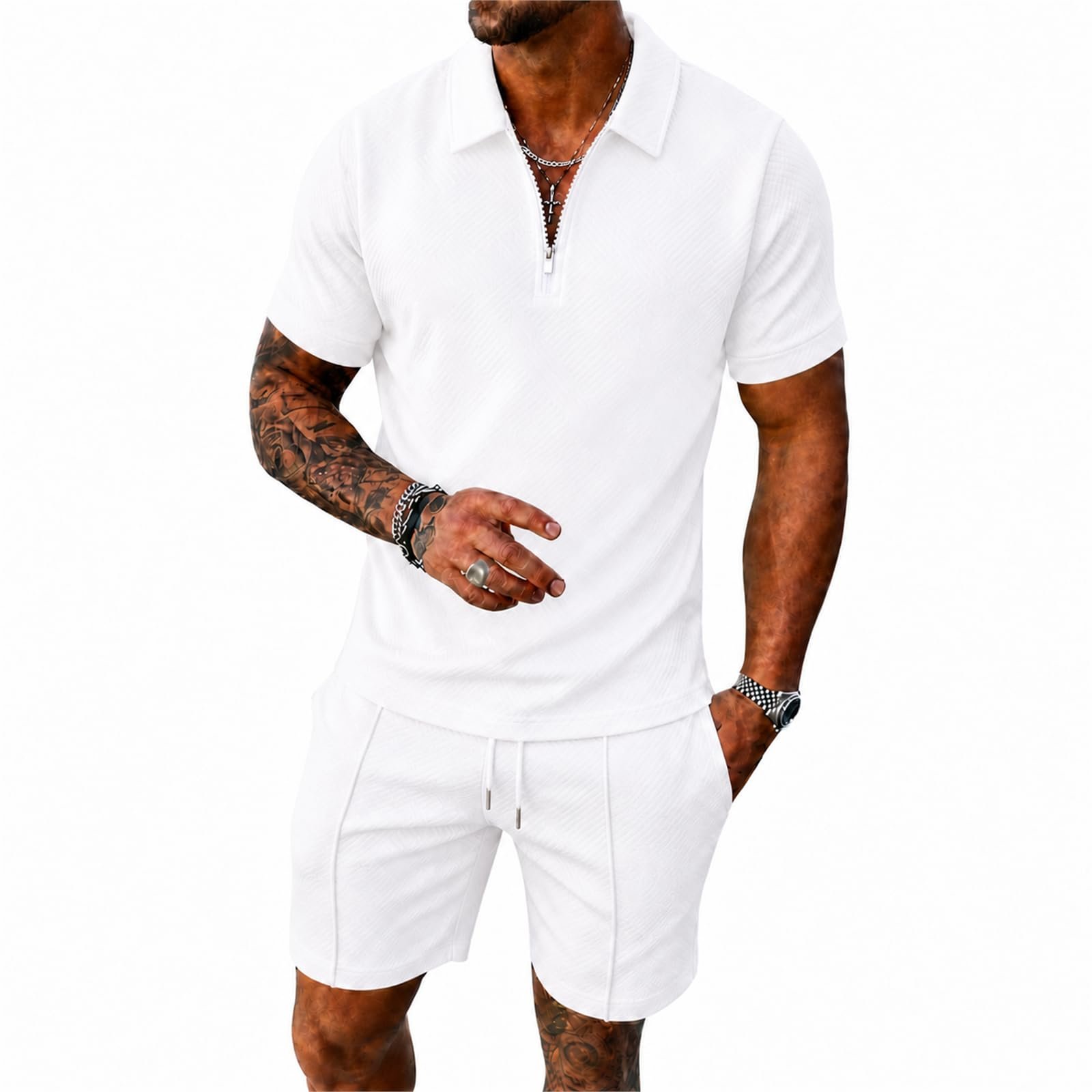 Weather report: Shorts remains in rotation — Fraxzio Mens Summer Outfits 2 Piece Short Set, Quarter Zip Polo Shirt and Shorts Set for Men, Casual Beach Vacation Outfit