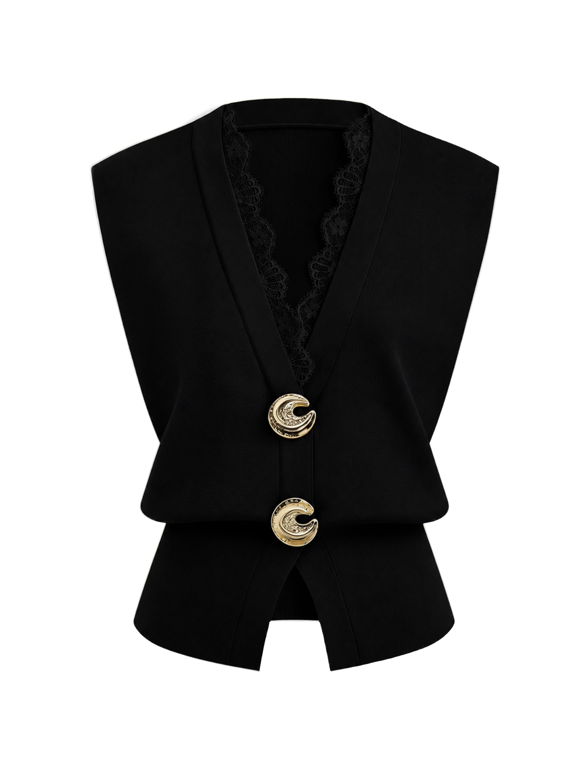 A sleeveless knit with main character buttons — Ailoqing Sweater Vest Tops for Women Casual Elegant Lace Trim V Neck Sleeveless Decorative Button Knit Top