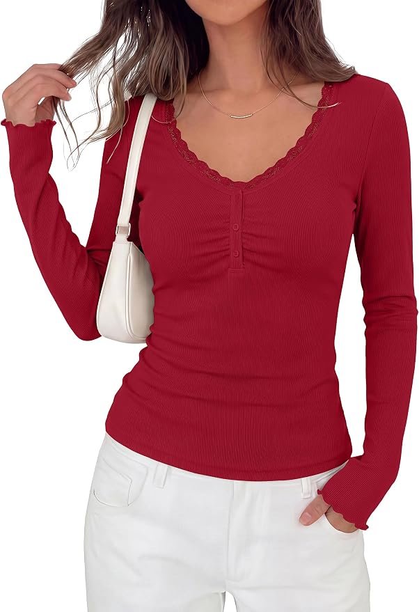 The everyday outfit that began with Shirt — Prettygarden Womens Lace Trim V Neck Tops Trendy Long Sleeve Henley Shirt
