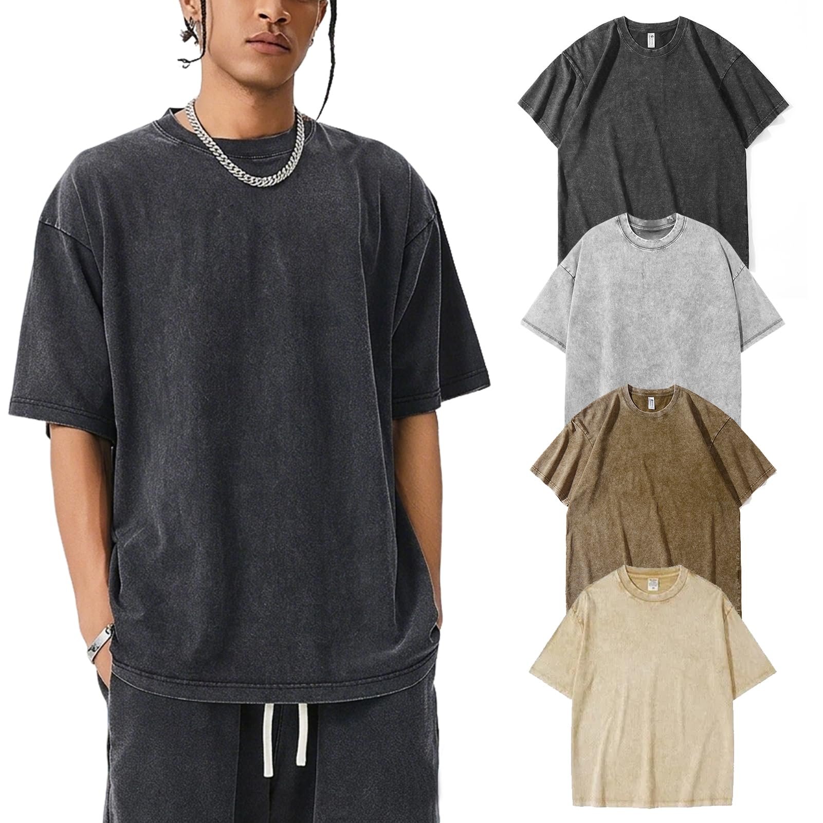 Styling T-Shirt for a morning look — Zukela Men's Oversized T-Shirts Vintage Acid Wash Cotton Unisex Loose Fit Casual Drop Shoulder Tops Tees Size S-2XL