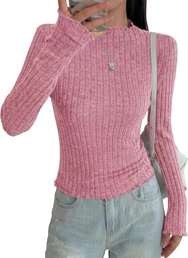 A little shade, a lot of Lightweight Shirt — Prettygarden Womens Lightweight Fall Sweaters 2026 Fashion Lettuce Trim Mock Neck Slim Fit Long Sleeve Shirts Y2k Tops