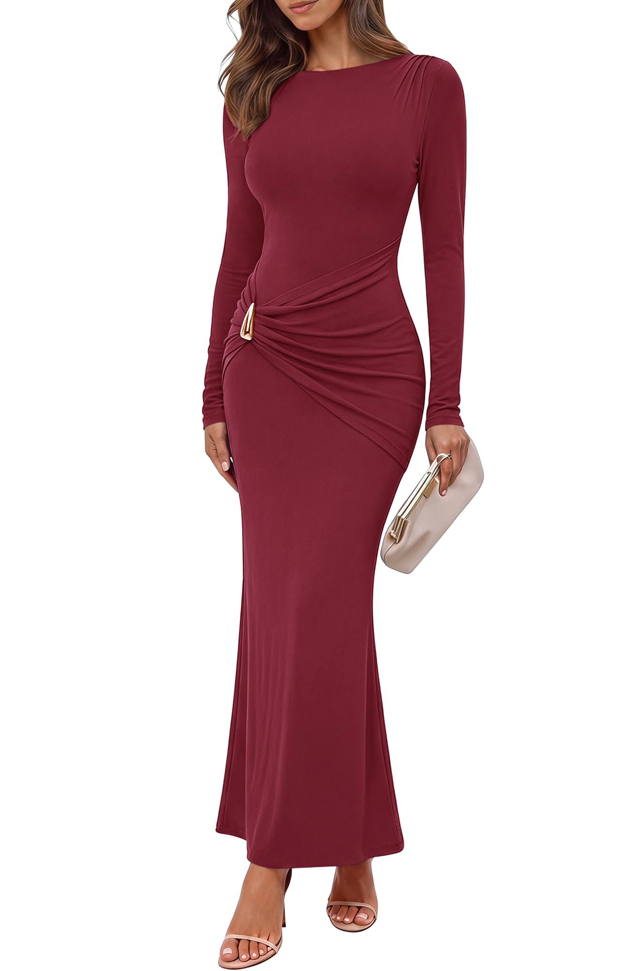 Ruched Dress versus my very unorganized schedule — Btfbm Womens Long Sleeve Ruched Slit Maxi Wedding Guest Dress