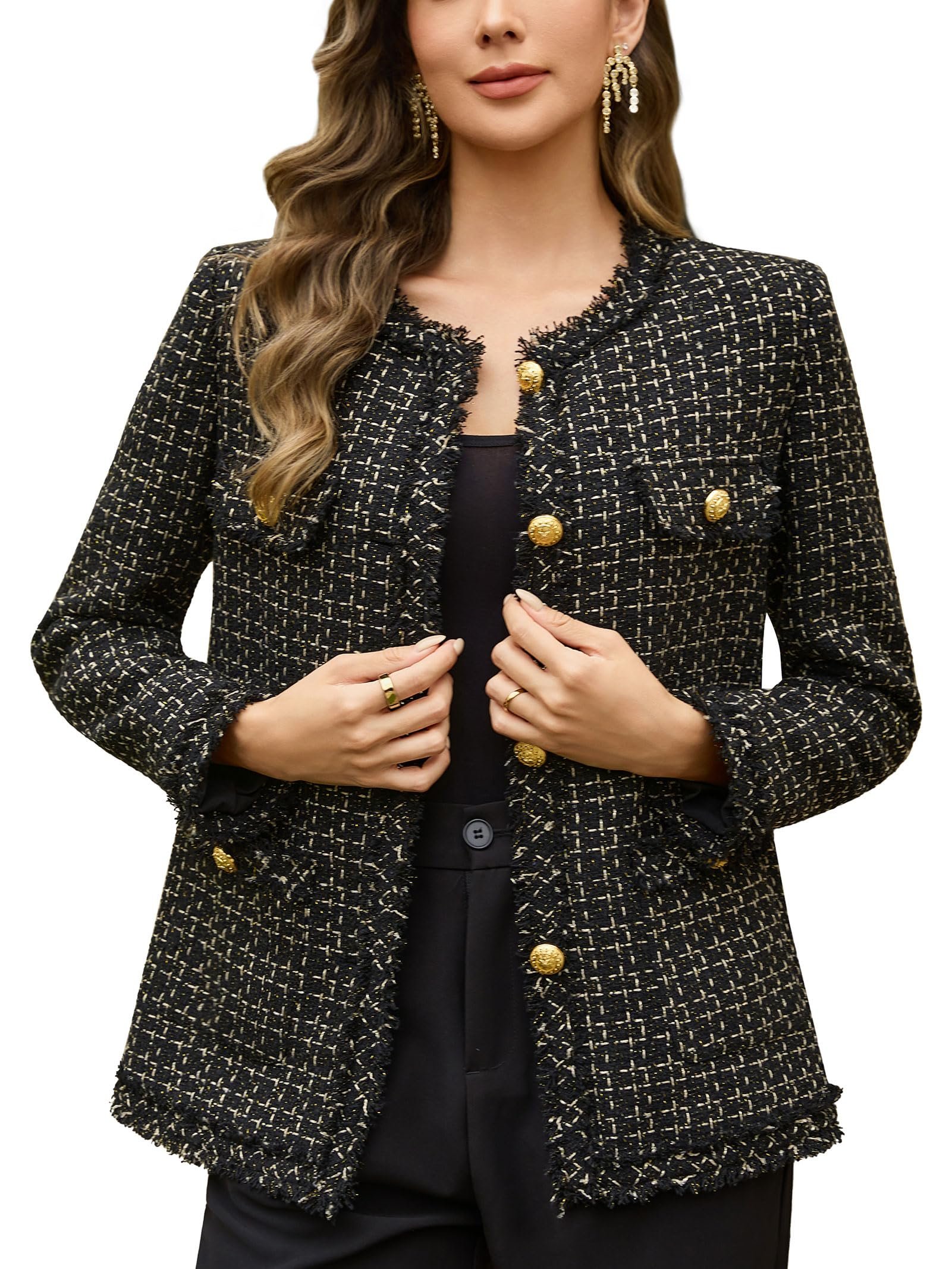 Blazer brought its own sunshine — M.Infisavo Women’s Tweed Jackets with Pockets, Collarless Long Blazer