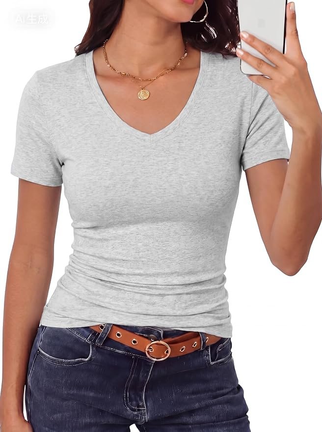 Styling T-Shirt for a everyday look — Mosocow Womens Cotton Short Sleeve Summer Tops V Neck Fitted Basic T Shirts