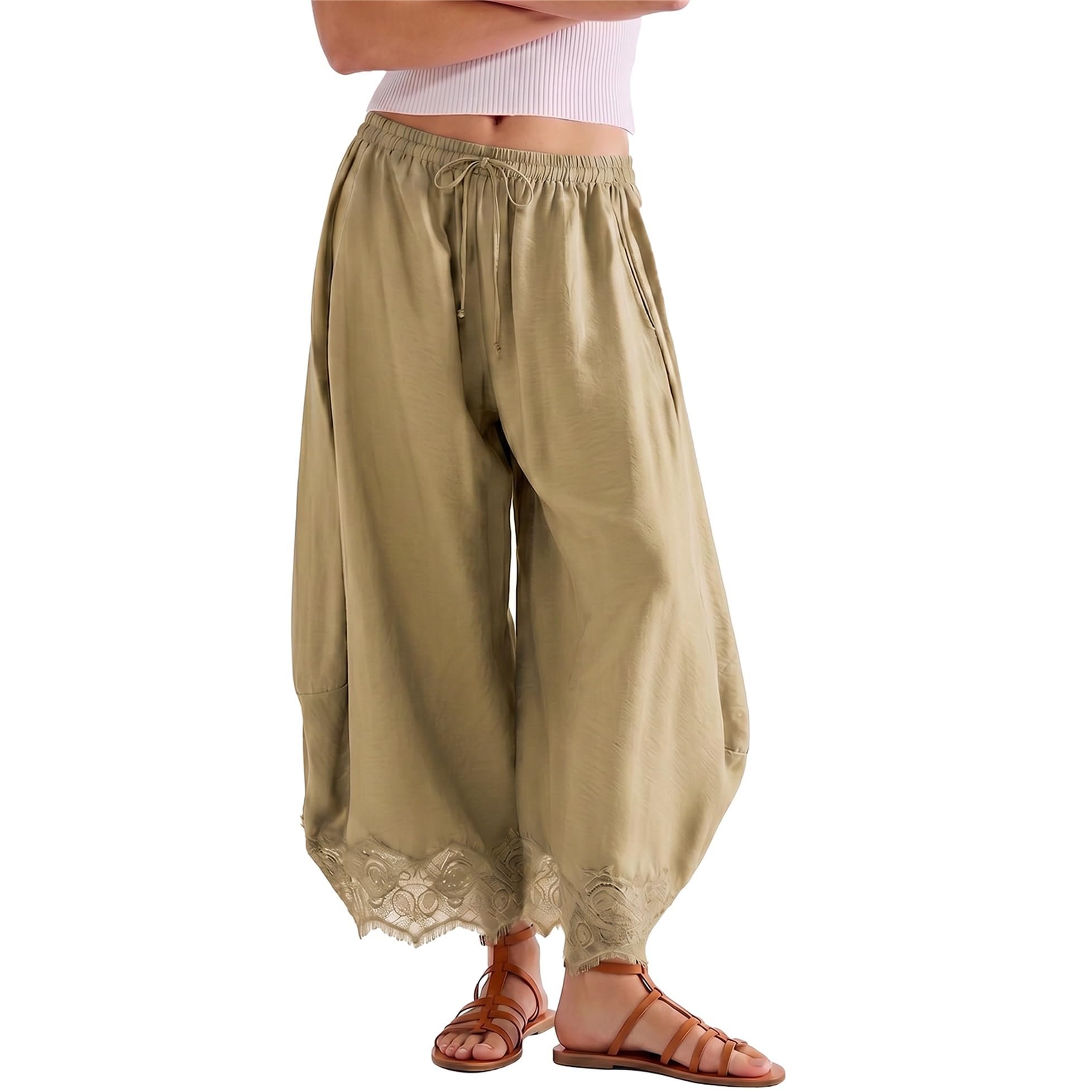 The cardigan has opinions at 8 a.m. — SeeLuNa Comfy Women's Pants Cropped Lace Hem Pants Summer Boho Drawstring High Rise Wide Leg Lounge Trousers with Pockets
