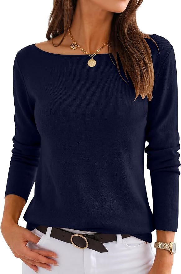 Sun out, Boat-Neck Lightweight Top on — Anrabess Women’s Fall Long Sleeve Boat Neck Lightweight Sweaters